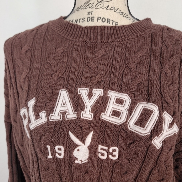 Playboy PacSun Crop Sweater Top Small Bunny Boxy Cable Knit Brown - Picture 2 of 7